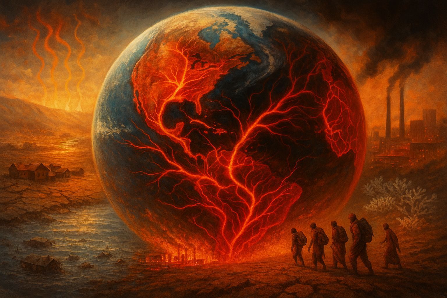 Ein ĂŒbergroĂer Planet steht wie ein glĂŒhender Körper in der Landschaft, durchzogen von leuchtend roten Adern, die wie entzĂŒndete BlutgefĂ€Ăe wirken â Sinnbild fĂŒr den ĂŒberhitzten Stoffwechsel der Erde. Links versinken HĂ€user in Fluten, rechts zieht eine kleine Gruppe Menschen ĂŒber vertrockneten Boden davon, wĂ€hrend im Hintergrund Fabrikschlote dunklen Rauch in den orange verhangenen Himmel blasen. Das Bild vereint DĂŒrre, Ăberflutung, Industrialisierung und Flucht zu einem einzigen Moment der Klimakrise âim Jetztâ.