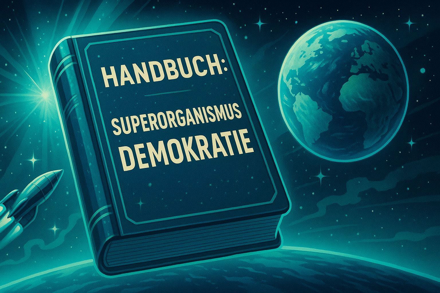 Das Bild zeigt ein groĂes, leuchtendes Buch, das im Weltraum ĂŒber einer PlanetenoberflĂ€che schwebt. Auf dem Einband steht in klarer Typografie âHANDBUCH: SUPERORGANISMUS DEMOKRATIEâ. Links unten fliegt eine kleine Rakete ins Bild, rechts schwebt eine blau-grĂŒn leuchtende Erde, umgeben von Sternen und Lichtstrahlen. Der Stil erinnert an retro-futuristische Sci-Fi-Cover der 80er/90er Jahre und vermittelt die Idee eines universellen, fast galaktischen Handbuchs fĂŒr Demokratien aller Formen und GröĂen.