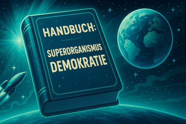 Das Bild zeigt ein groĂes, leuchtendes Buch, das im Weltraum ĂŒber einer PlanetenoberflĂ€che schwebt. Auf dem Einband steht in klarer Typografie âHANDBUCH: SUPERORGANISMUS DEMOKRATIEâ. Links unten fliegt eine kleine Rakete ins Bild, rechts schwebt eine blau-grĂŒn leuchtende Erde, umgeben von Sternen und Lichtstrahlen. Der Stil erinnert an retro-futuristische Sci-Fi-Cover der 80er/90er Jahre und vermittelt die Idee eines universellen, fast galaktischen Handbuchs fĂŒr Demokratien aller Formen und GröĂen.